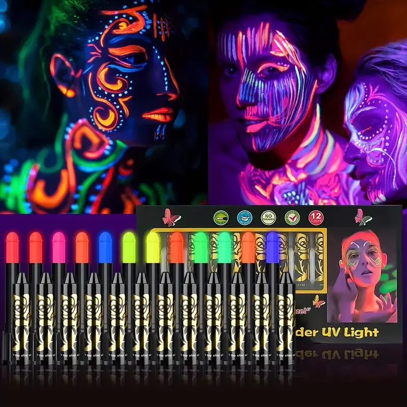 Kit Canetas Neon brilha sob luz UV - Veronni - para rosto e corpo ideal para Carnaval, Halloween, Festas a fantasia