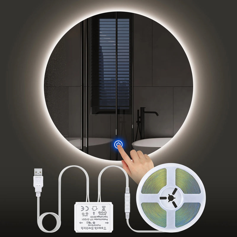 Fita de LED para espelho com sensor de toque no botão Liga/Desliga e luz regulável