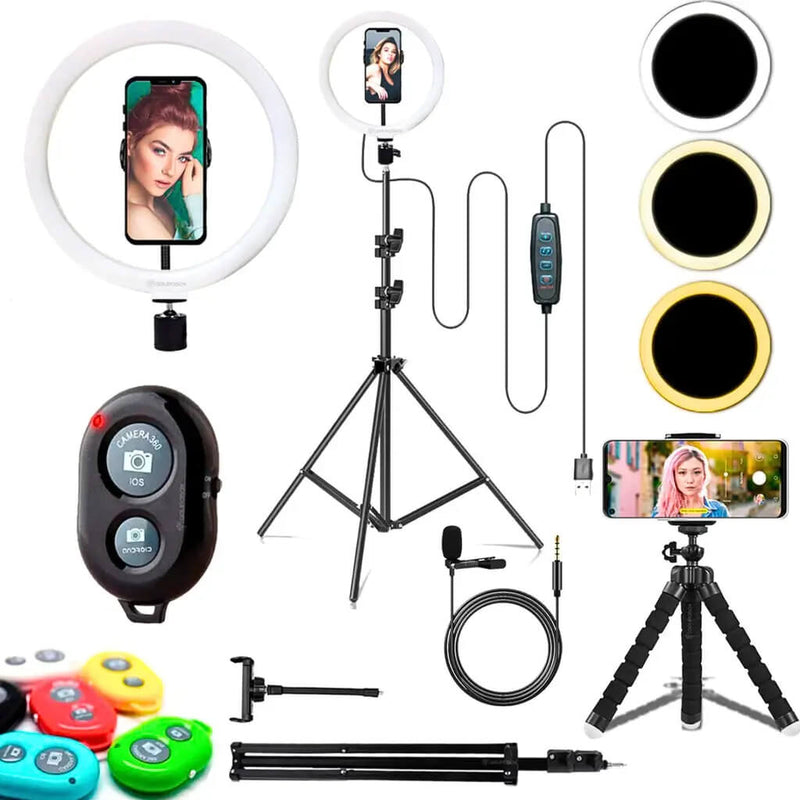 Kit Youtuber Com Tripé 2.10m Iluminador Ring Light tripé Celular Microfone Lapela